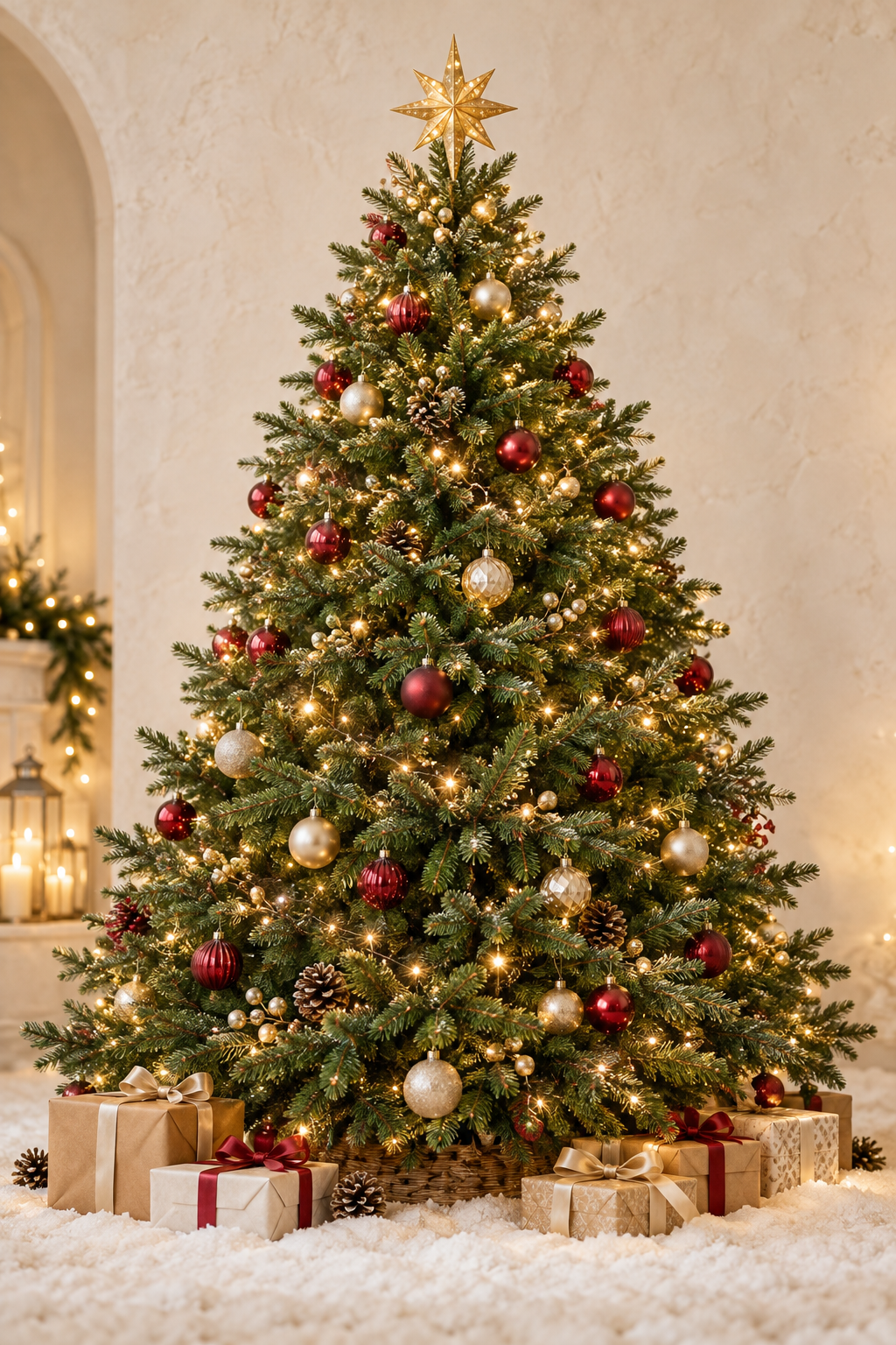 A Christmas tree glowing with golden lights, with five clickable gift tags.